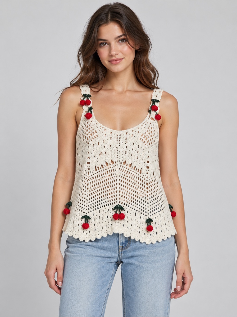 Rebellion Again Cherry Crochet Tank Top XS Cream Cotton Cottagecore